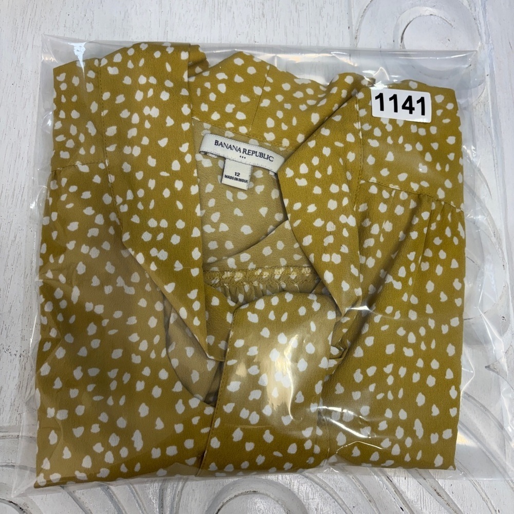 Banana republic mustard yellow button down blouse 12 tie neck short sleeve shirt - Picture 8 of 8